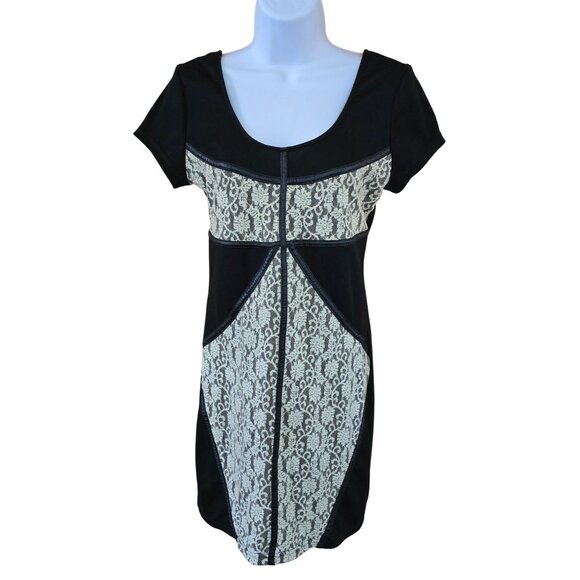 Black & Lace Panel Short Sleeve Dress whimsygoth night out coquette - Picture 1 of 7